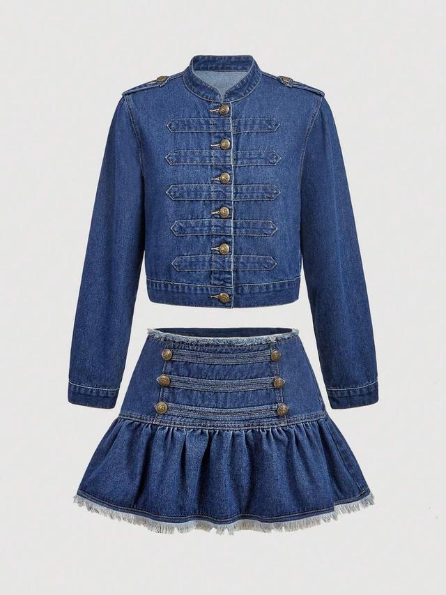 sweetra women's denim set in deep blue