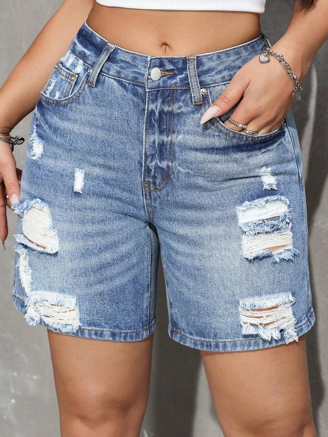 distressed blue denim mid-length shorts