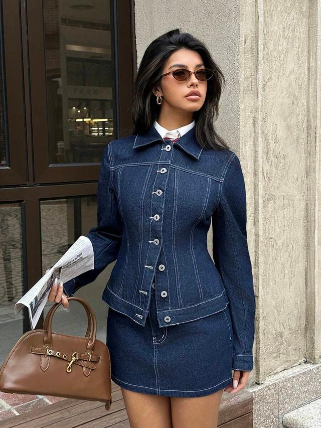 solid color denim button front jacket and skirt set
