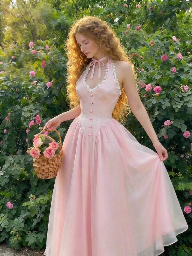soft pink organza halter tie-up tea party dress