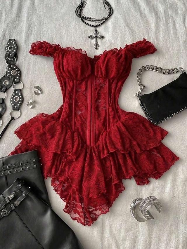 red lace corset mini dress with asymmetrical ruffles