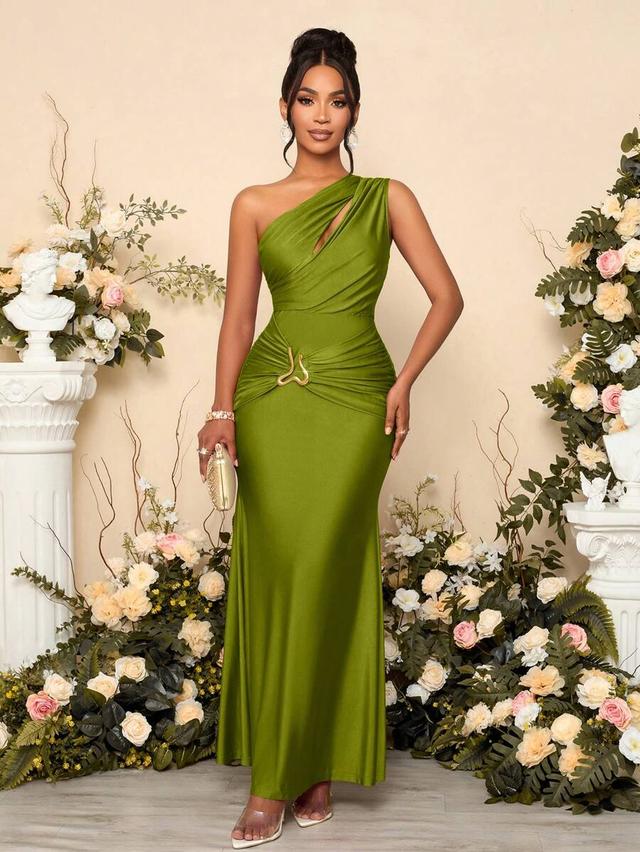 olive green asymmetric neck metal decorated bodycon maxi dress
