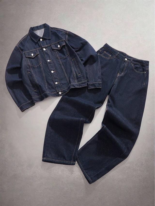 navy blue denim chore jacket and loose fit pants set