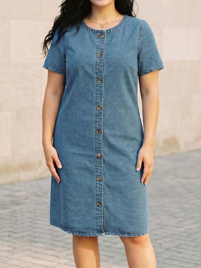 women's non-stretch button-front denim shift dress