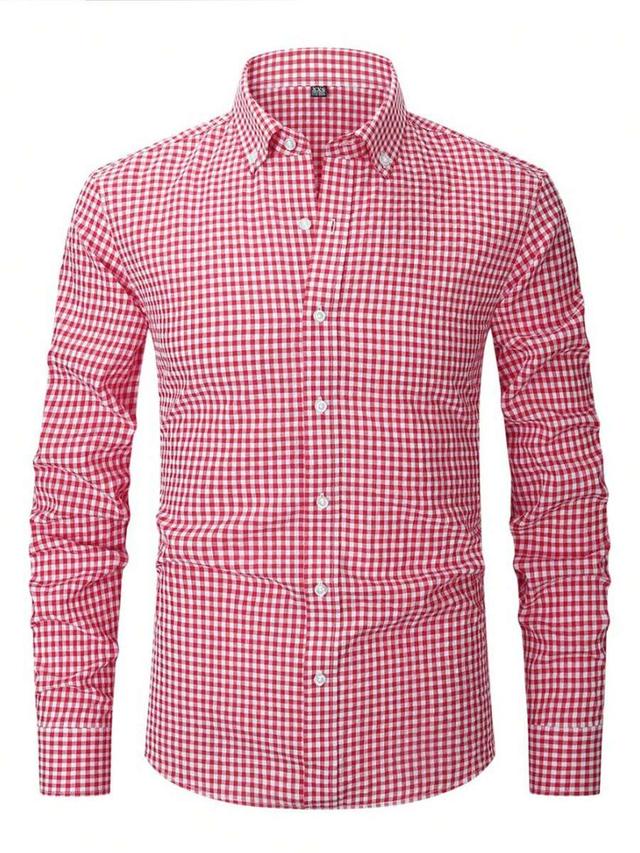 men's red and white checkered long sleeve button-up shirt