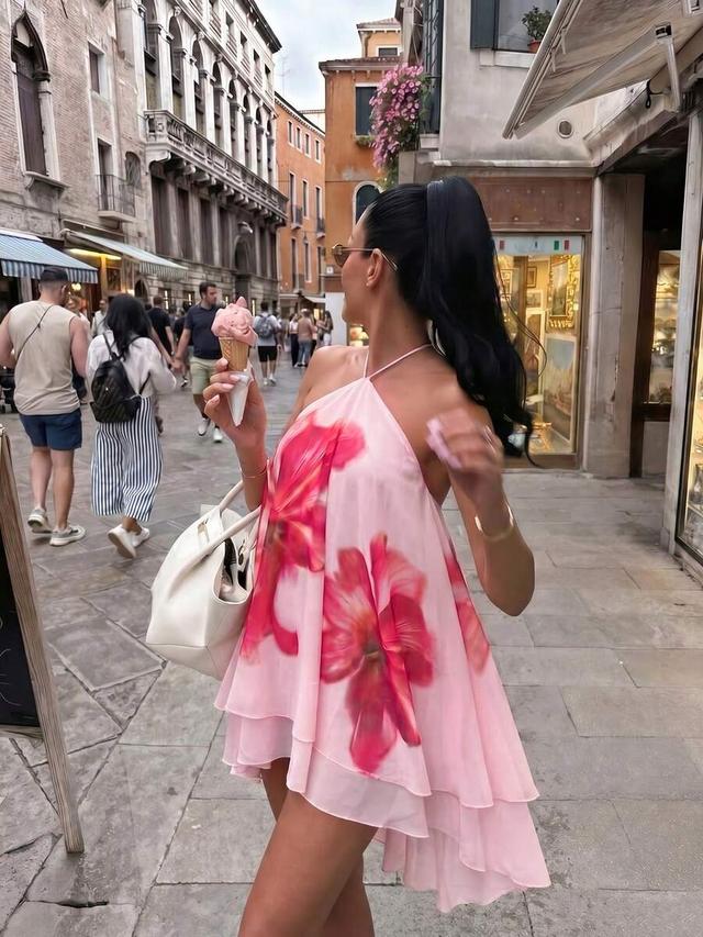 pink floral print halter neck layered short dress