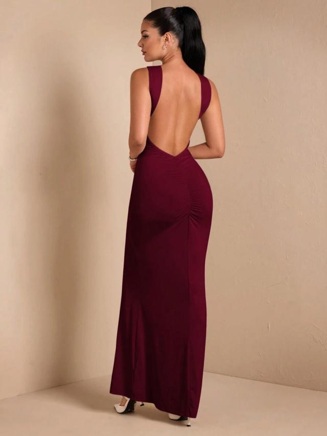 burgundy backless sleeveless minimalistic maxi party dress