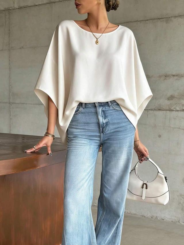minimalist white solid color batwing sleeve loose blouse