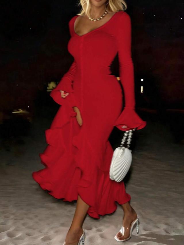 red long sleeve fitted ruffle hem dress