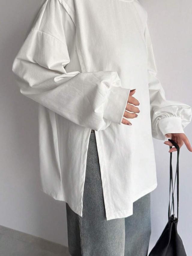 solid white drop shoulder long sleeve slit side top