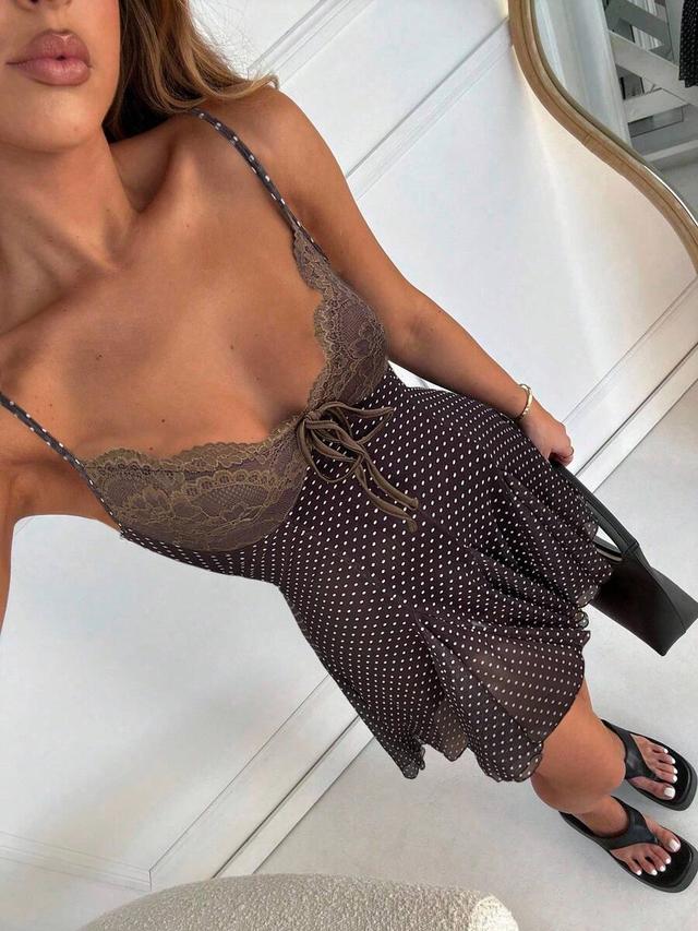 brown polka dot spaghetti strap mini dress with lace