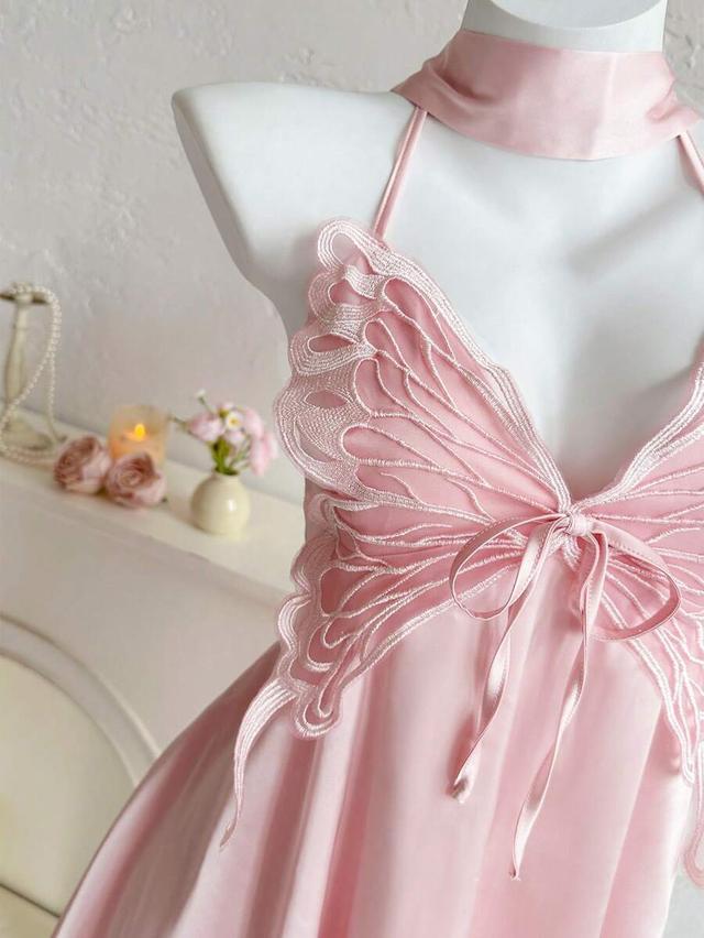 pink satin butterfly applique halter mini dress
