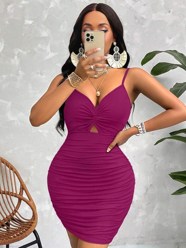 solid color twisted ruched waist-cinched spaghetti strap dress