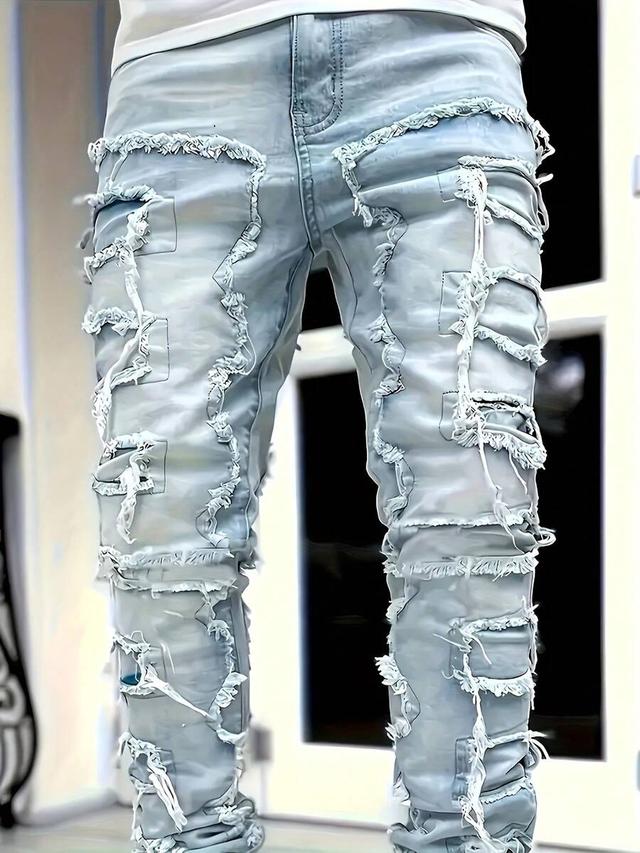 distressed patchwork stacked skinny denim jeans