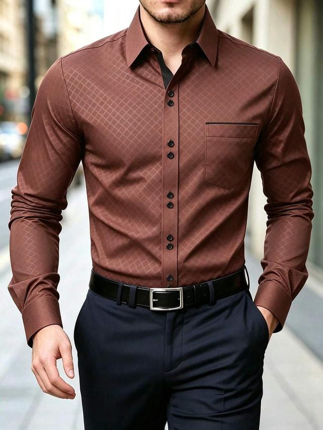 brown diamond patterned long sleeve button up shirt