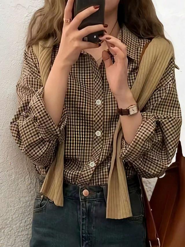women's casual plaid long sleeve button front blouse