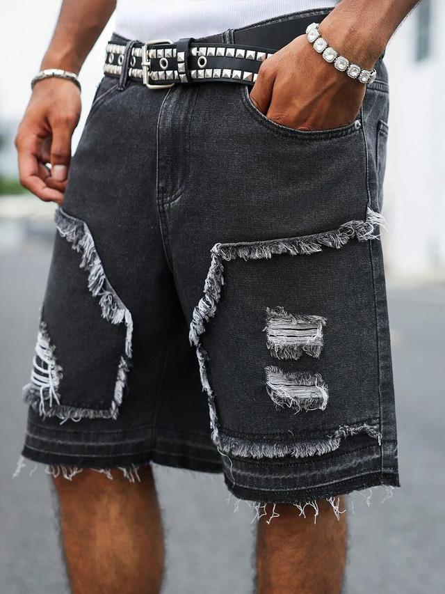 distressed black and gray patchwork denim bermuda shorts