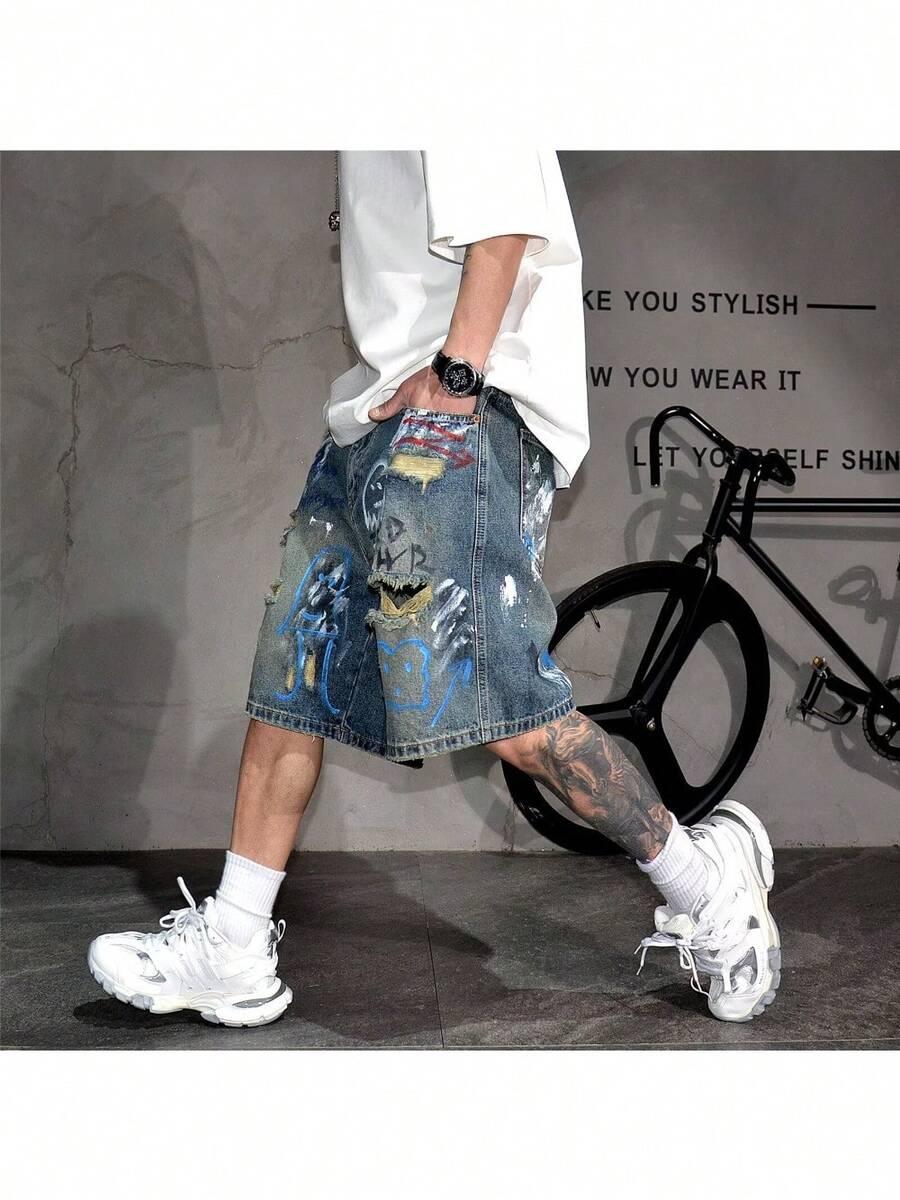 vintage graffiti ripped loose wide leg denim jorts