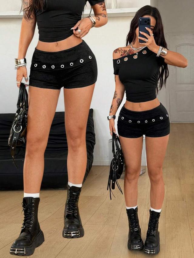 black grommet eyelet low rise tight shorts