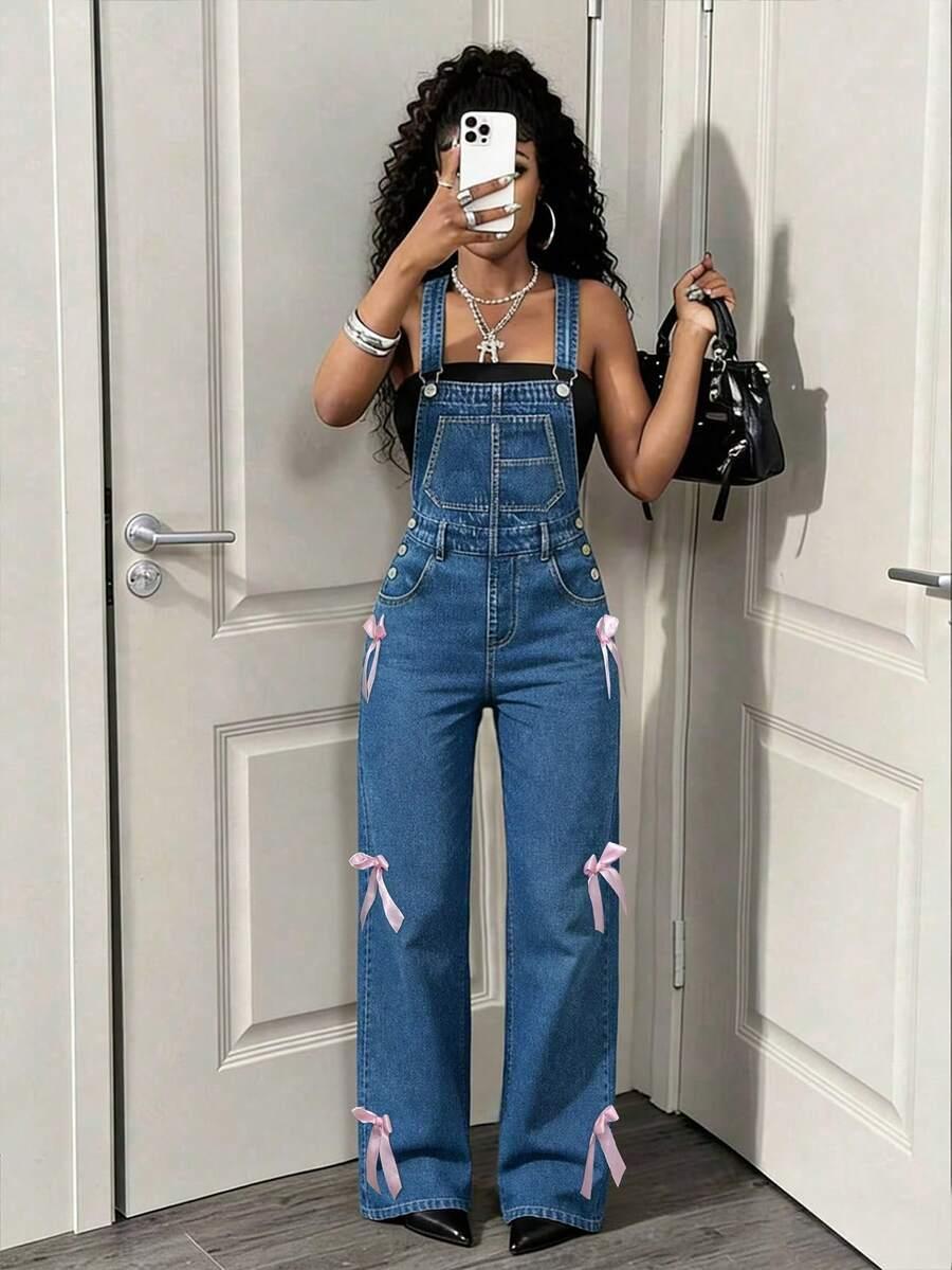 women's y2k loose denim workwear overalls with ribbon bows