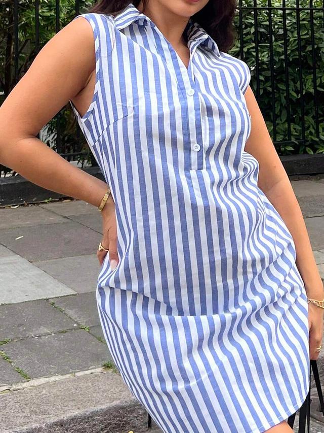 blue and white striped sleeveless shirt dress