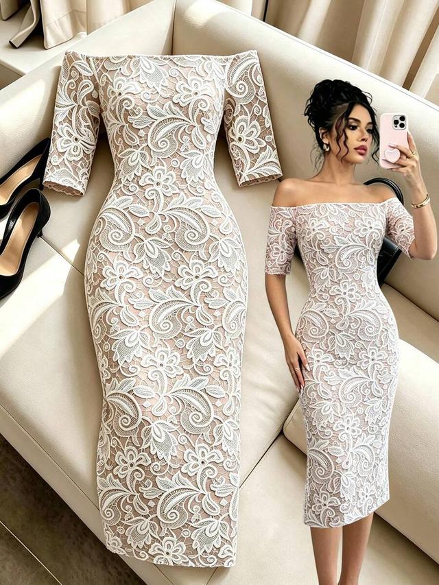 white floral lace off-shoulder midi dress