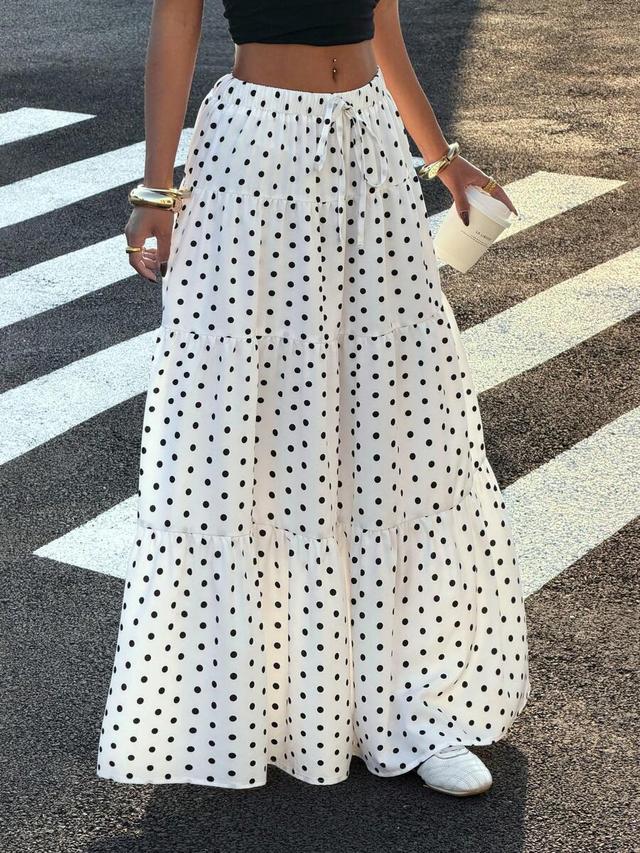 white polka dot tiered casual maxi skirt
