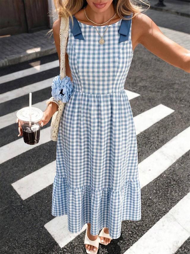blue and white gingham midi dress with bow straps