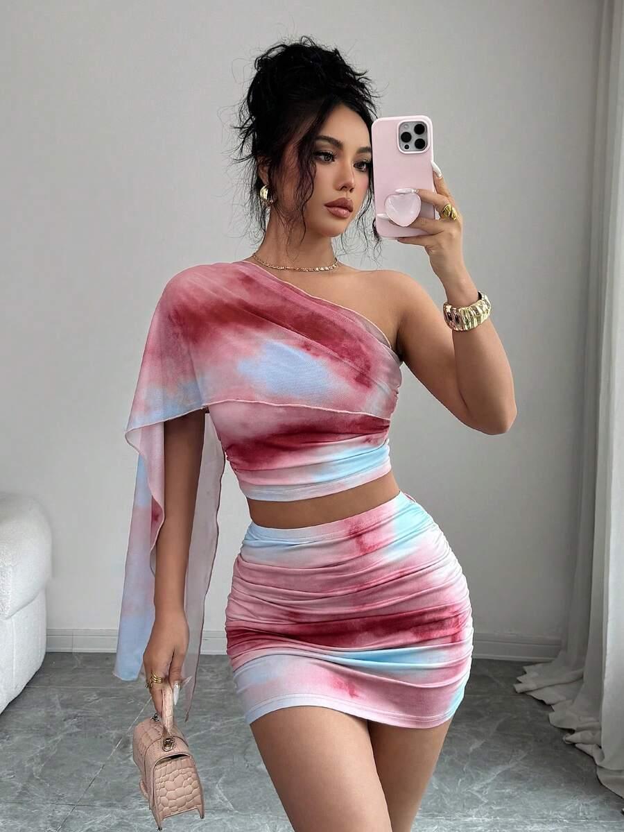 tie-dye mesh one-shoulder ruched two-piece set