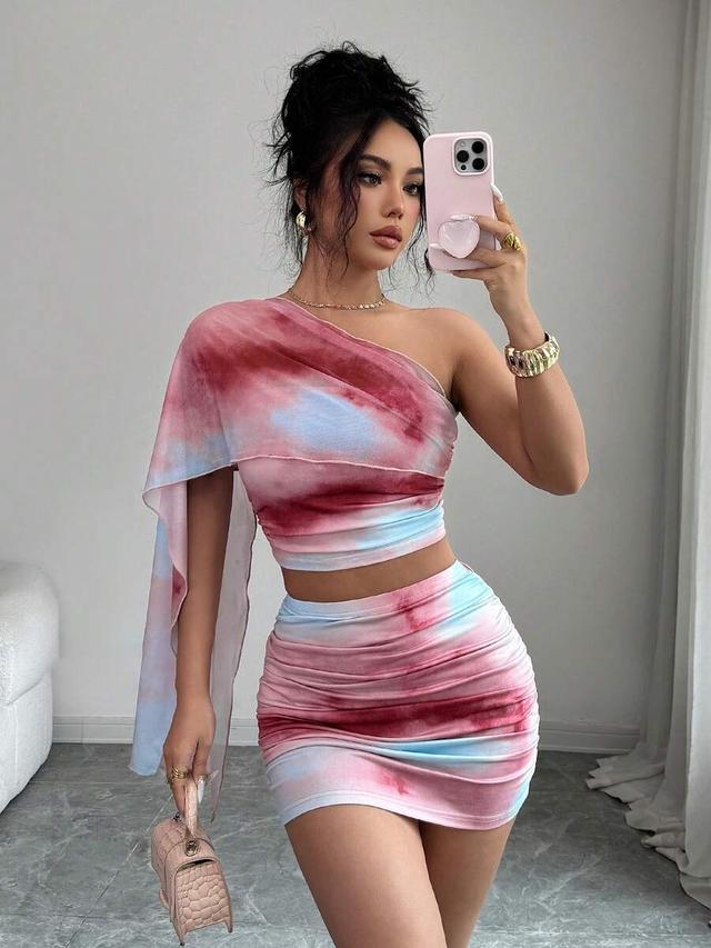 tie-dye mesh one-shoulder ruched two-piece set
