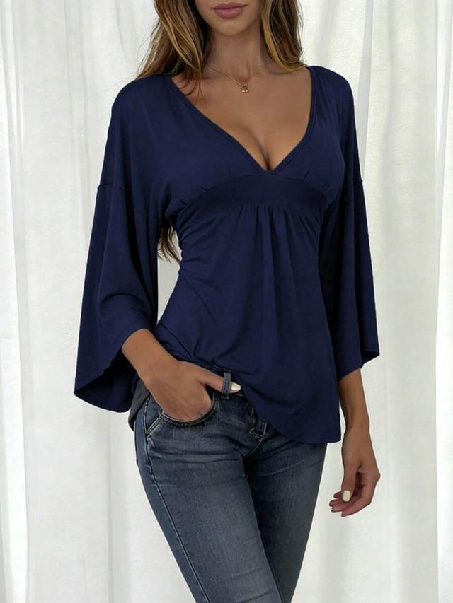 solid navy deep v-neck flare sleeve top
