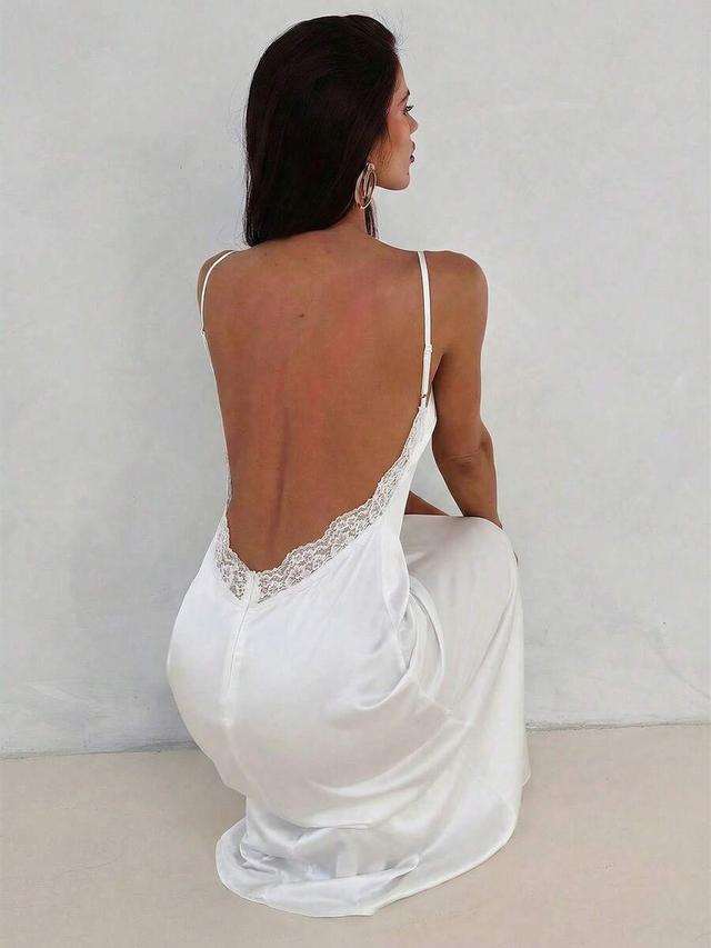 white satin slip dress with lace trim