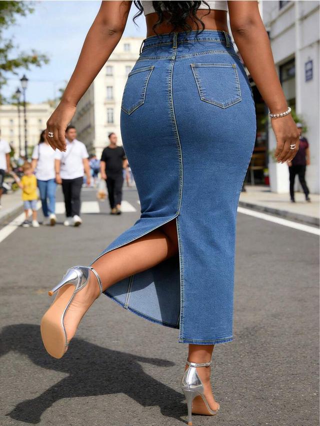 blue denim midi skirt with back slit