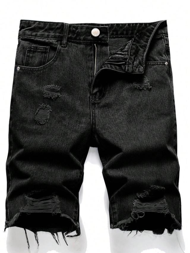 men's daily wear black frayed edge denim shorts