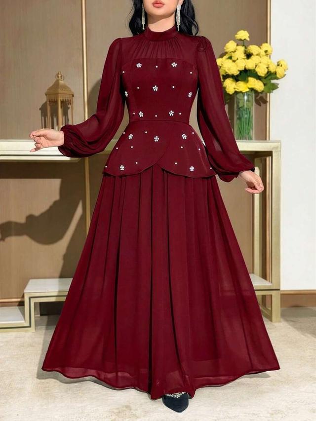 burgundy peplum lantern sleeve long dress with pearl decor