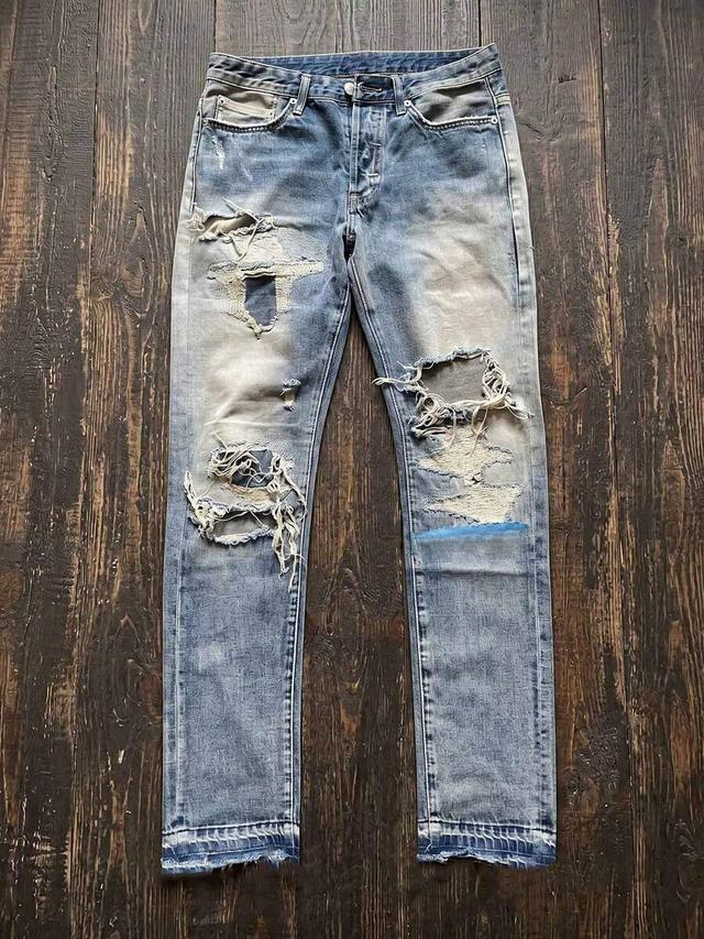 men elastic stretch slim straight fit ripped denim jeans