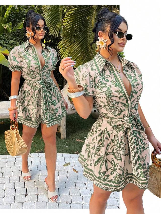 green and beige tropical print button-down shirt dress