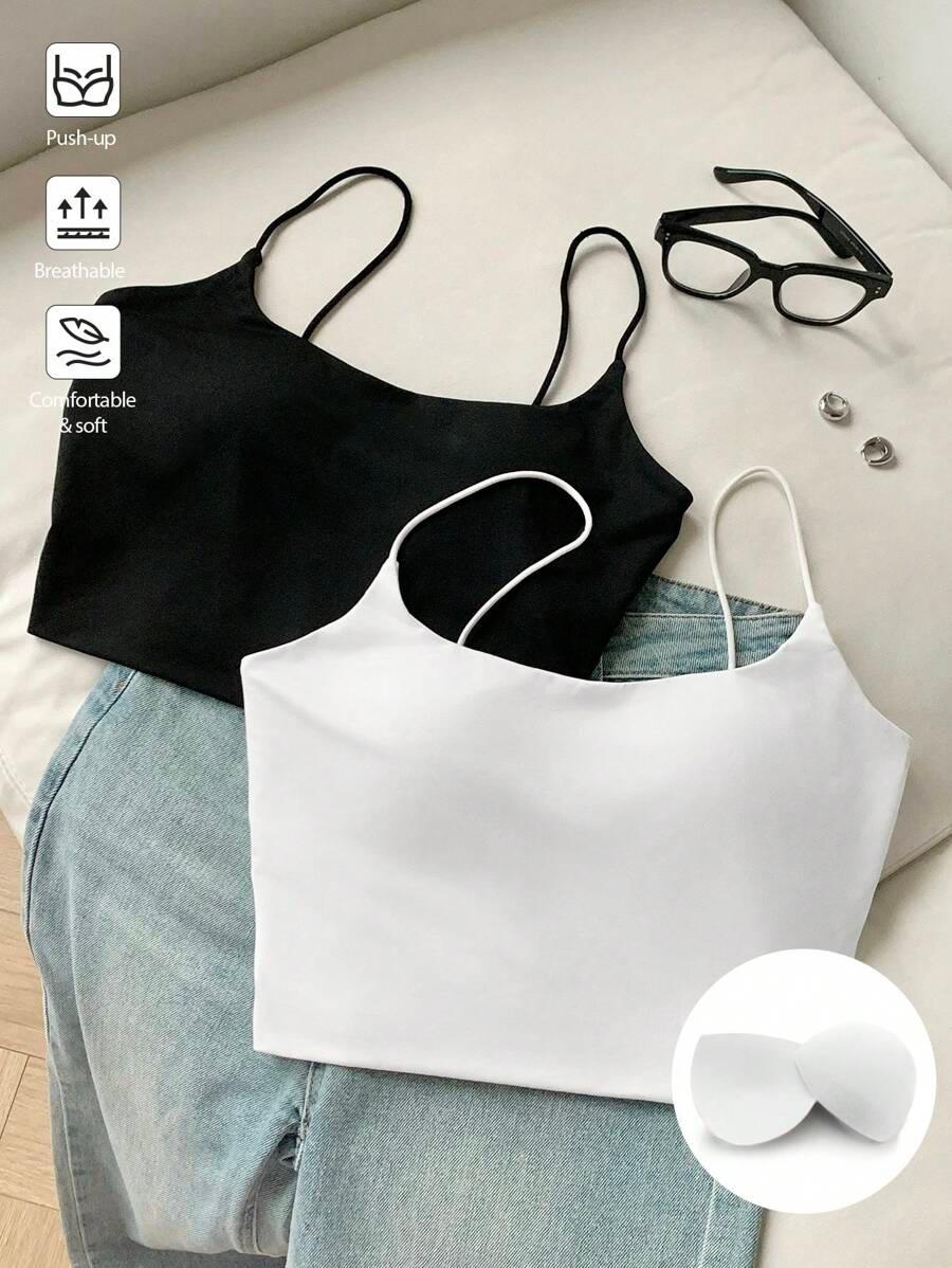 black minimalist padded crop cami top in black and white
