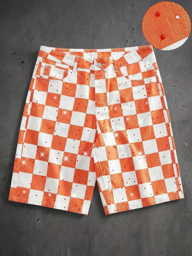 orange and white checkered denim shorts with rhinestones