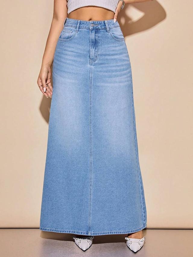 light wash denim midi skirt