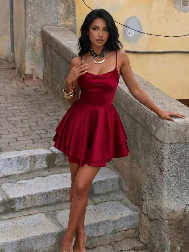 sexy satin backless tie strap pleated mini dress