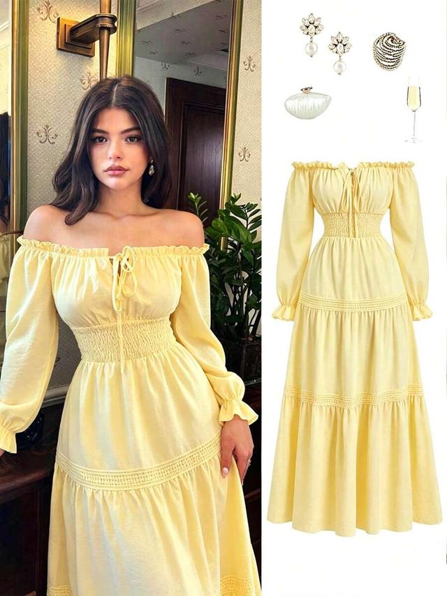 pale yellow off shoulder puff sleeve ruffle long dress