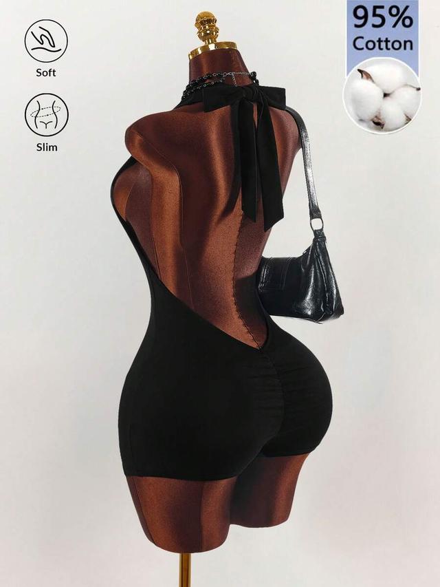 black cotton halter neck backless tight fit jumpsuit