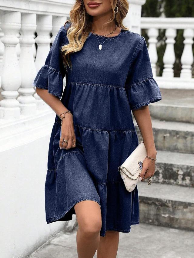breezaya solid color round neck denim babydoll dress
