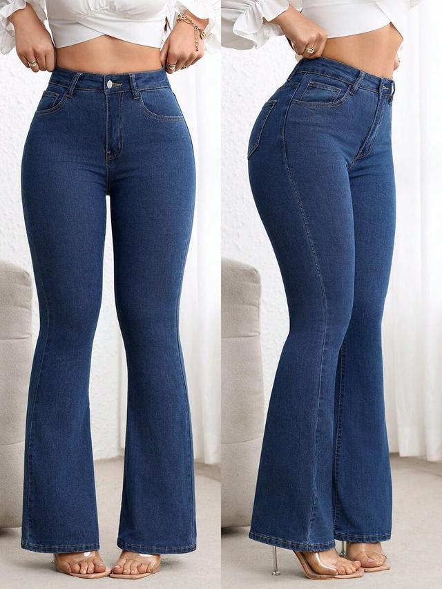 high waisted flared dark wash denim jeans