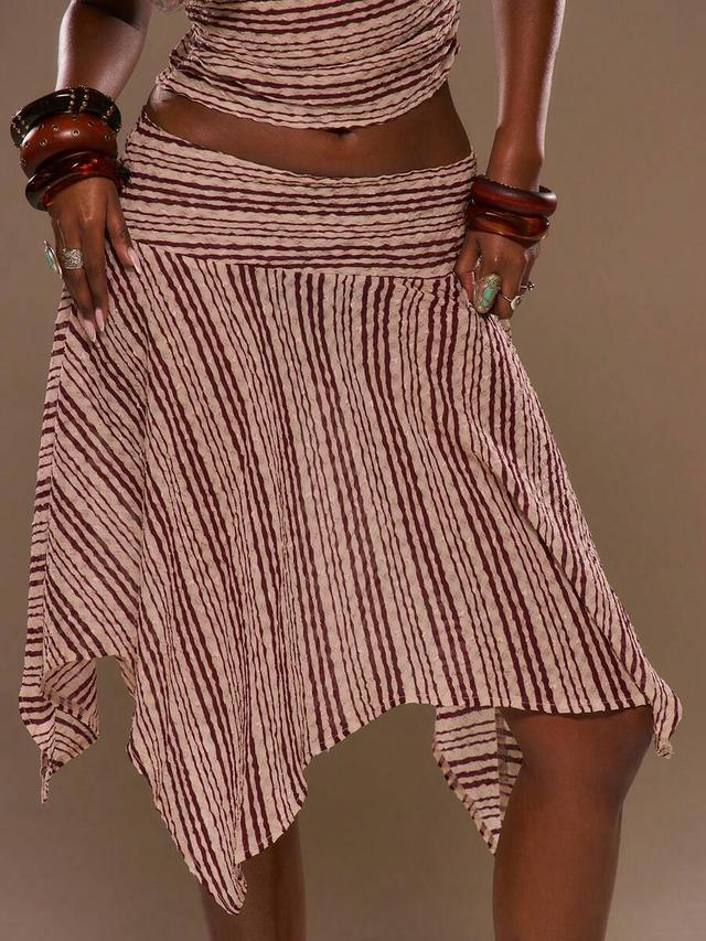 textured striped panel waist pointed hem asymmetric midi skirt