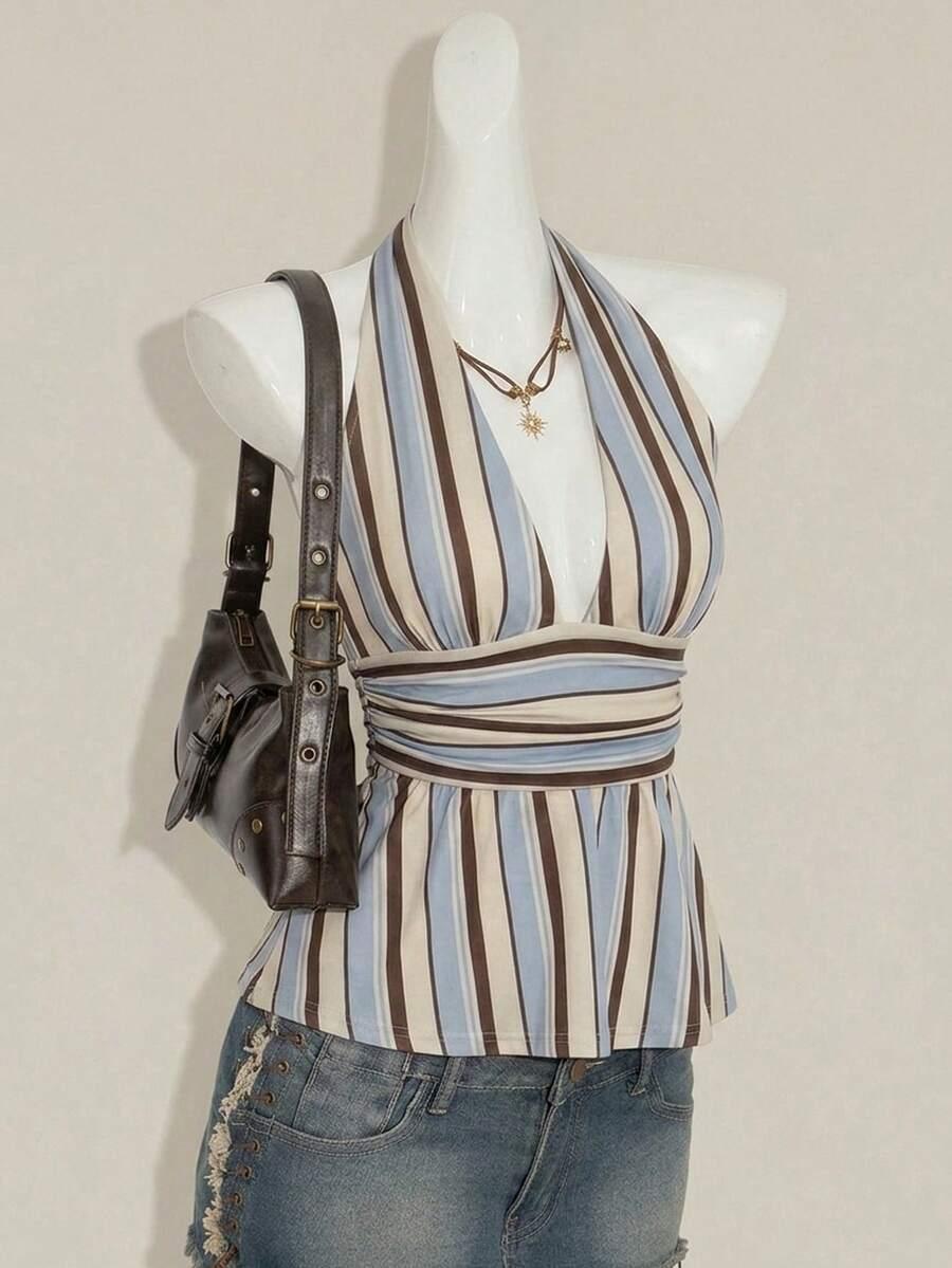 brown stripe v-neck backless babydoll camisole