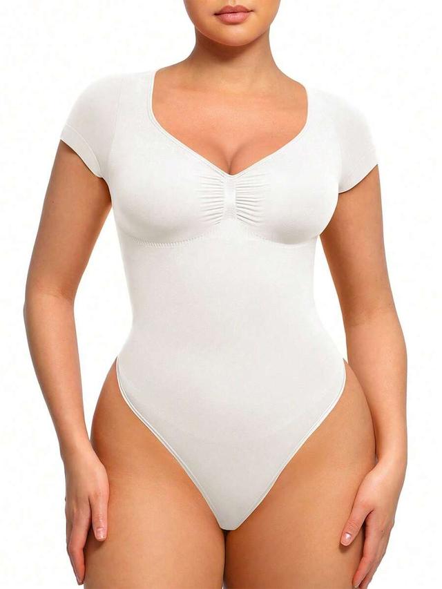 white short sleeve v-neck seamless shapewear bodysuit