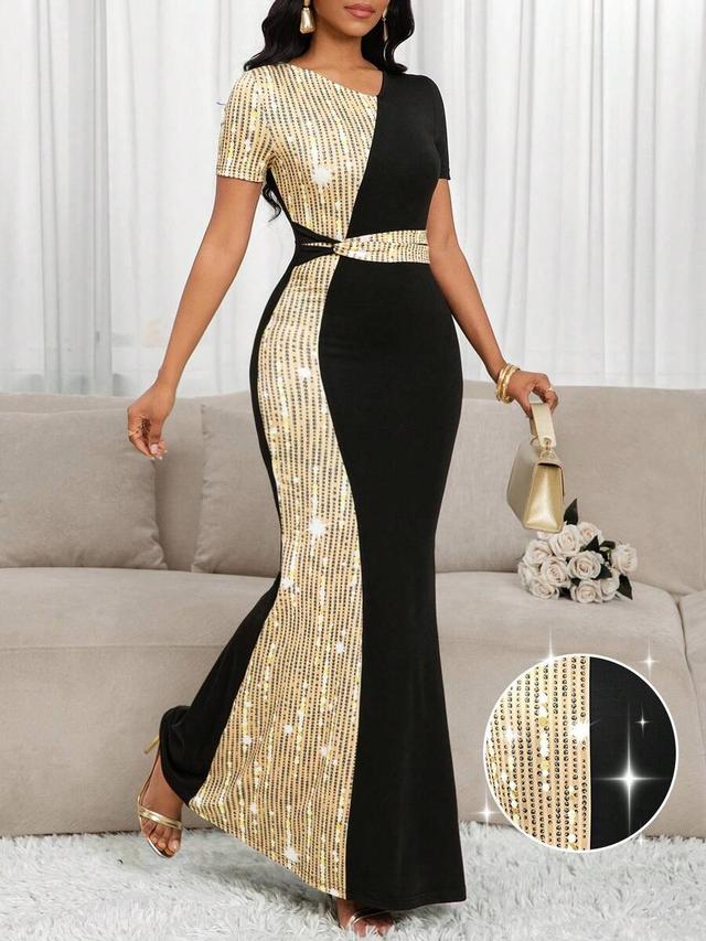 elegant colorblock sequin patchwork mermaid dress