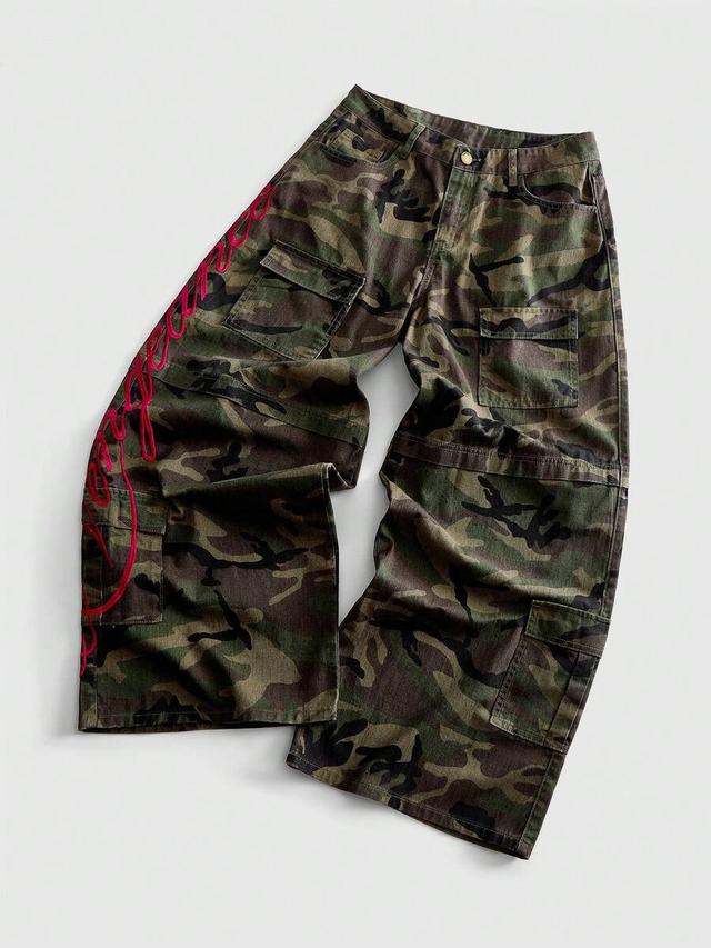 men's embroidered camouflage loose fit cargo jeans